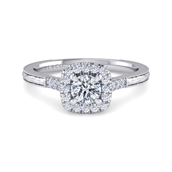 Gabriel - Vintage Inspired 14K White Gold Round Halo Diamond Engagement Ring