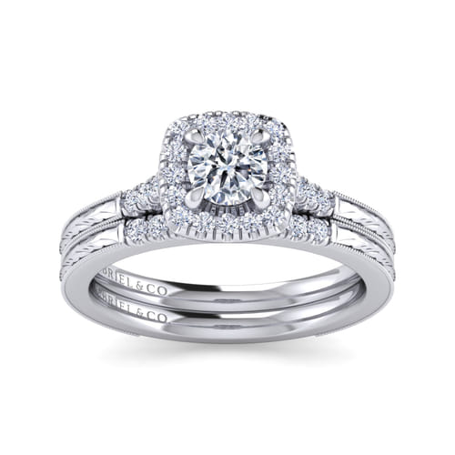 Vintage Inspired 14K White Gold Round Halo Diamond Engagement Ring Vintage Inspired 14K White Gold Round Halo Diamond Engagement Ring