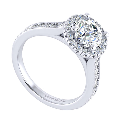 Vintage Inspired 14K White Gold Round Halo Diamond Engagement Ring