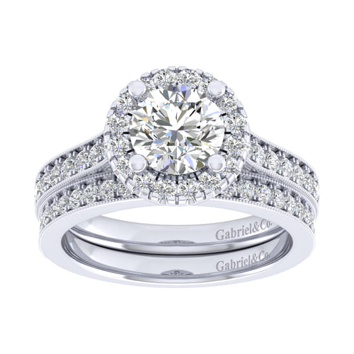 Vintage Inspired 14K White Gold Round Halo Diamond Engagement Ring