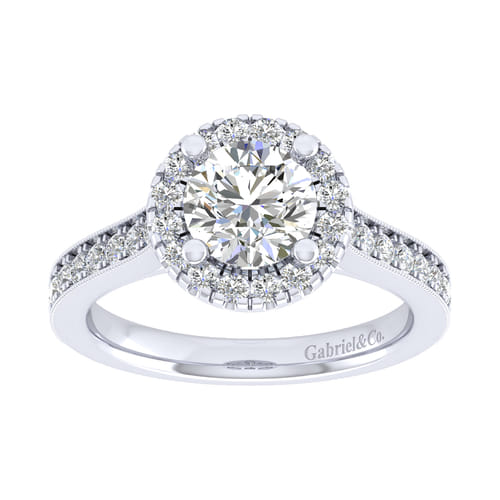 Vintage Inspired 14K White Gold Round Halo Diamond Engagement Ring