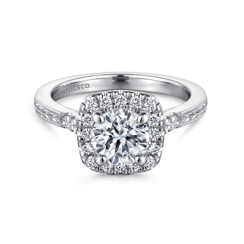 Vintage Inspired 14K White Gold Round Halo Diamond Engagement Ring