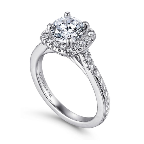 Vintage Inspired 14K White Gold Round Halo Diamond Engagement Ring