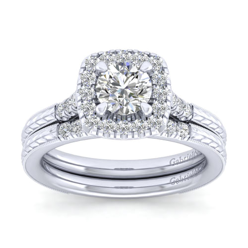 Vintage Inspired 14K White Gold Round Halo Diamond Engagement Ring