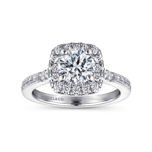 Vintage Inspired 14K White Gold Round Halo Diamond Engagement Ring