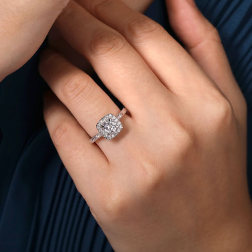 Vintage Inspired 14K White Gold Round Halo Diamond Engagement Ring