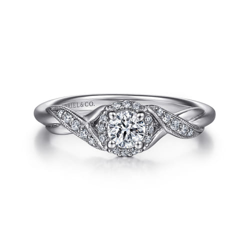 Vintage Inspired 14K White Gold Round Halo Diamond Engagement Ring