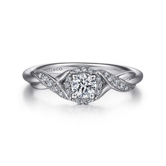 Gabriel - Vintage Inspired 14K White Gold Round Halo Diamond Engagement Ring