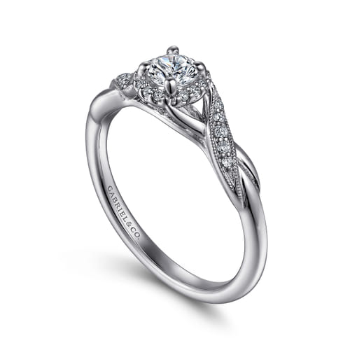 Vintage Inspired 14K White Gold Round Halo Diamond Engagement Ring
