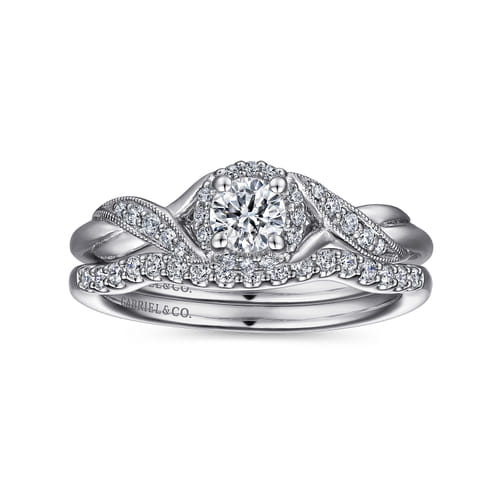 Vintage Inspired 14K White Gold Round Halo Diamond Engagement Ring