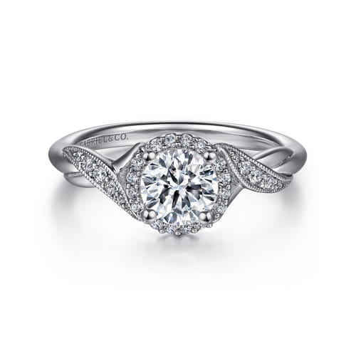 Vintage Inspired 14K White Gold Round Halo Diamond Engagement Ring