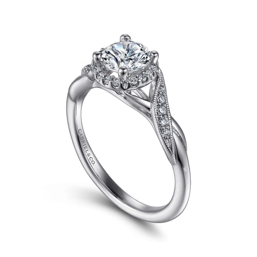 Vintage Inspired 14K White Gold Round Halo Diamond Engagement Ring