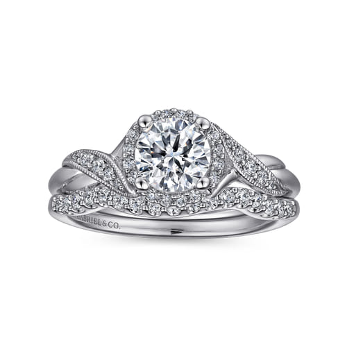 Vintage Inspired 14K White Gold Round Halo Diamond Engagement Ring