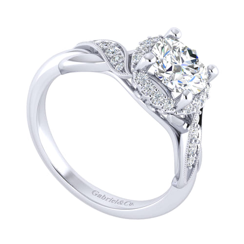 Vintage Inspired 14K White Gold Round Halo Diamond Engagement Ring