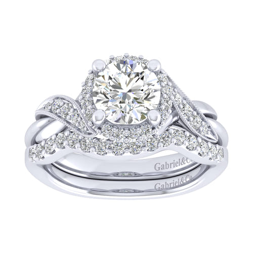 Vintage Inspired 14K White Gold Round Halo Diamond Engagement Ring