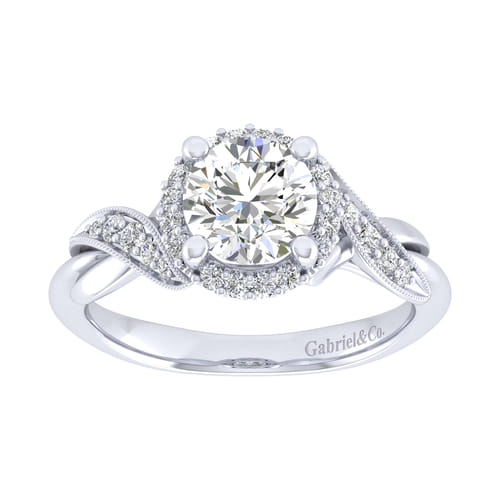 Vintage Inspired 14K White Gold Round Halo Diamond Engagement Ring