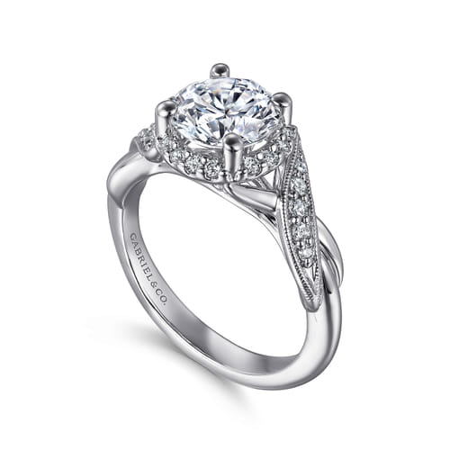 Vintage Inspired 14K White Gold Round Halo Diamond Engagement Ring