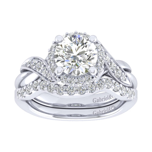 Vintage Inspired 14K White Gold Round Halo Diamond Engagement Ring