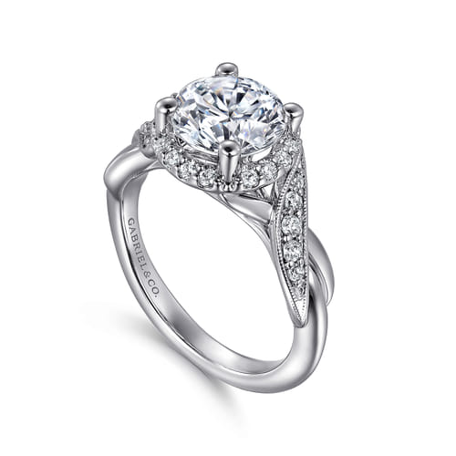 Vintage Inspired 14K White Gold Round Halo Diamond Engagement Ring