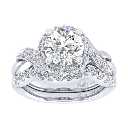 Vintage Inspired 14K White Gold Round Halo Diamond Engagement Ring