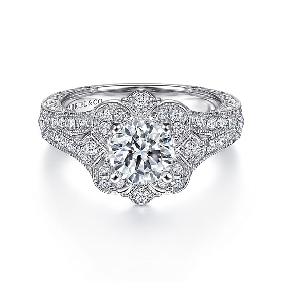 Gabriel - Vintage Inspired 14K White Gold Round Halo Diamond Engagement Ring