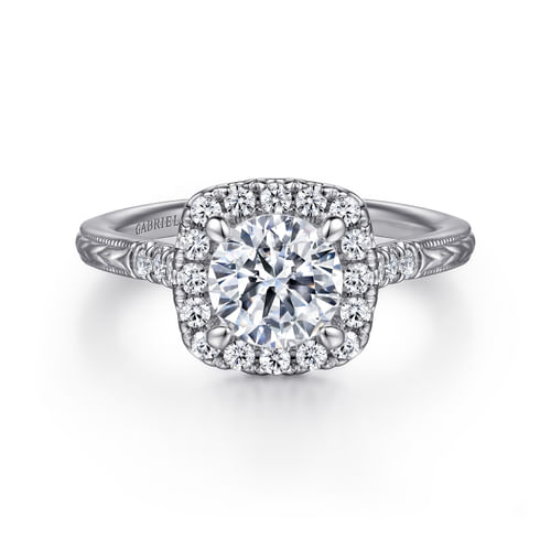 Vintage Inspired 14K White Gold Round Halo Diamond Engagement Ring