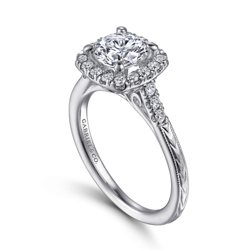Vintage Inspired 14K White Gold Round Halo Diamond Engagement Ring