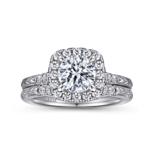 Vintage Inspired 14K White Gold Round Halo Diamond Engagement Ring