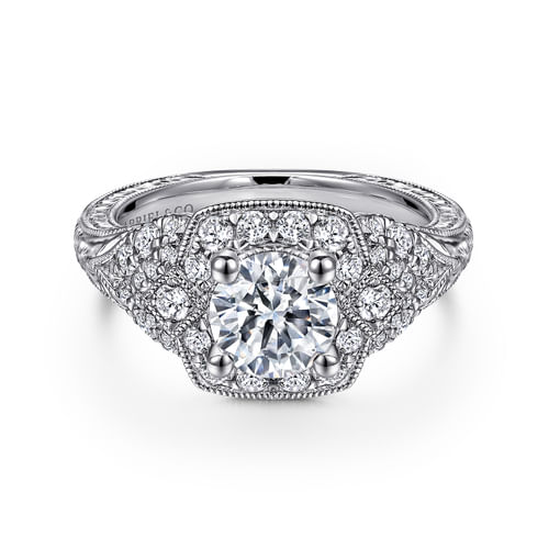 Vintage Inspired 14K White Gold Round Halo Diamond Engagement Ring