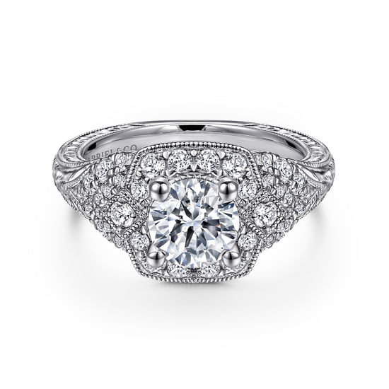 Gabriel - Vintage Inspired 14K White Gold Round Halo Diamond Engagement Ring