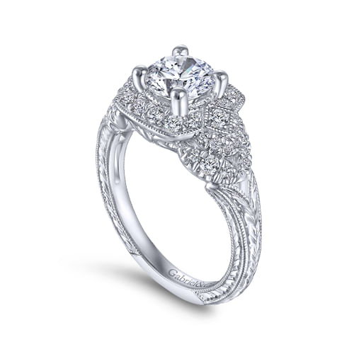 Vintage Inspired 14K White Gold Round Halo Diamond Engagement Ring