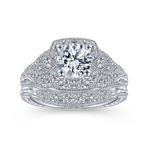 Vintage Inspired 14K White Gold Round Halo Diamond Engagement Ring