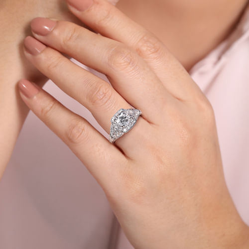 Vintage Inspired 14K White Gold Round Halo Diamond Engagement Ring