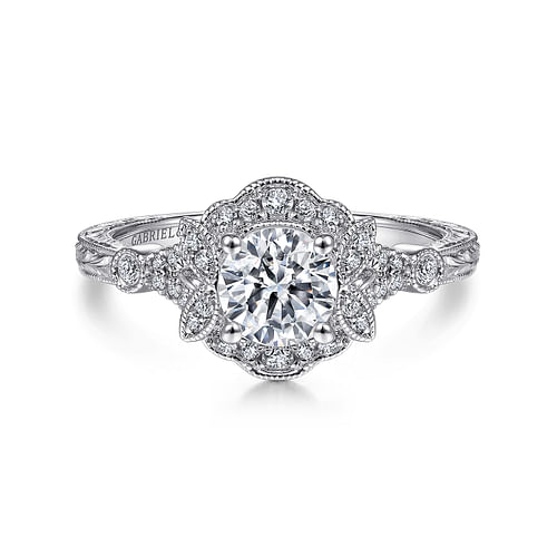 Vintage Inspired 14K White Gold Round Halo Diamond Engagement Ring