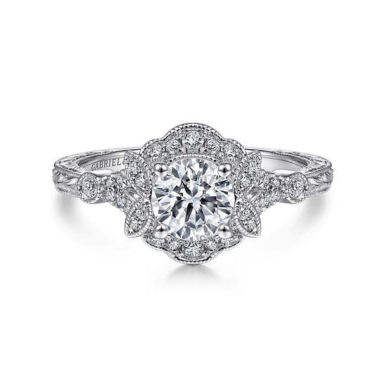 Gabriel - Vintage Inspired 14K White Gold Round Halo Diamond Engagement Ring