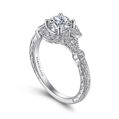 Vintage Inspired 14K White Gold Round Halo Diamond Engagement Ring