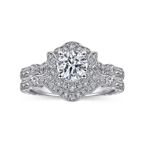 Vintage Inspired 14K White Gold Round Halo Diamond Engagement Ring