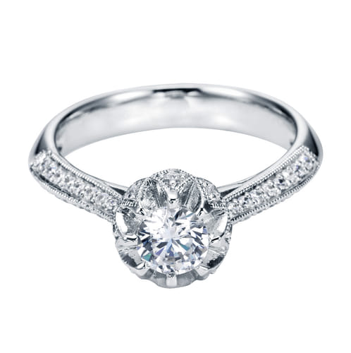 Vintage Inspired 14K White Gold Round Halo Diamond Engagement Ring