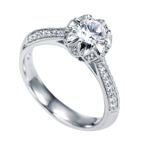 Vintage Inspired 14K White Gold Round Halo Diamond Engagement Ring