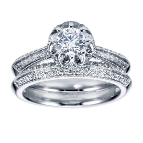 Vintage Inspired 14K White Gold Round Halo Diamond Engagement Ring