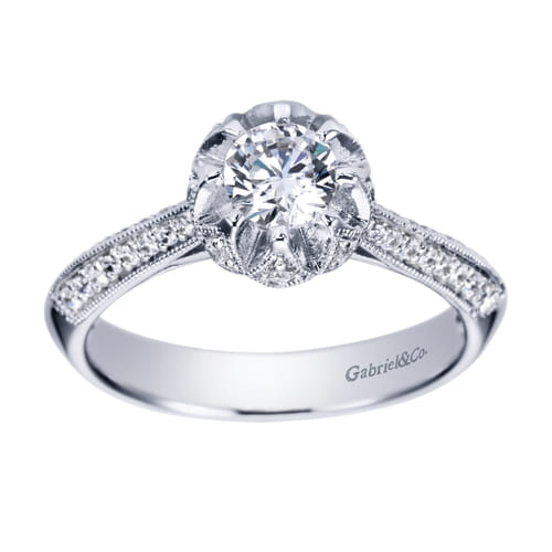 Vintage Inspired 14K White Gold Round Halo Diamond Engagement Ring
