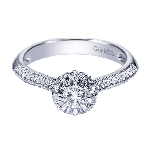 Vintage Inspired 14K White Gold Round Halo Diamond Engagement Ring