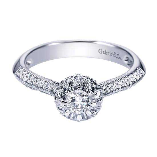 Gabriel - Vintage Inspired 14K White Gold Round Halo Diamond Engagement Ring