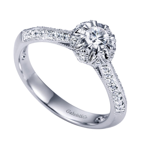 Vintage Inspired 14K White Gold Round Halo Diamond Engagement Ring