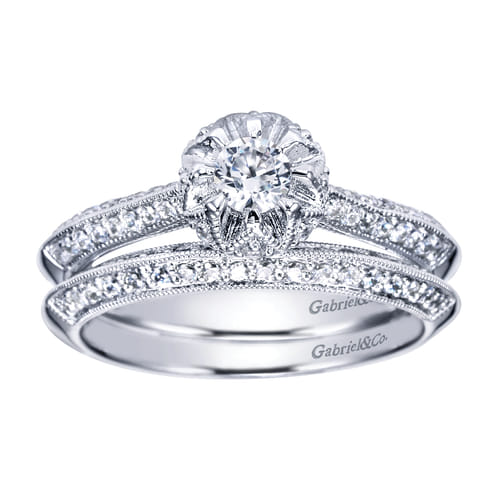 Vintage Inspired 14K White Gold Round Halo Diamond Engagement Ring