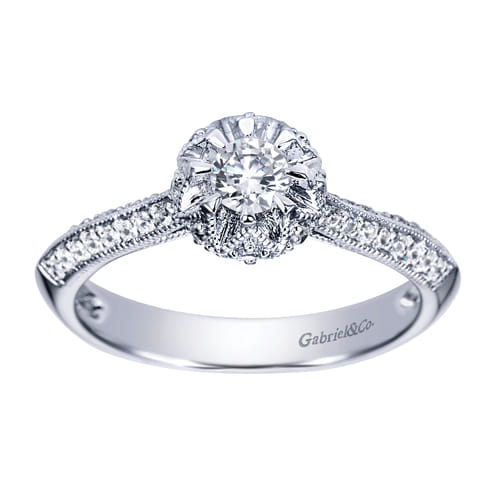 Vintage Inspired 14K White Gold Round Halo Diamond Engagement Ring