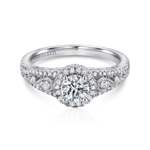 Vintage Inspired 14K White Gold Round Halo Diamond Engagement Ring
