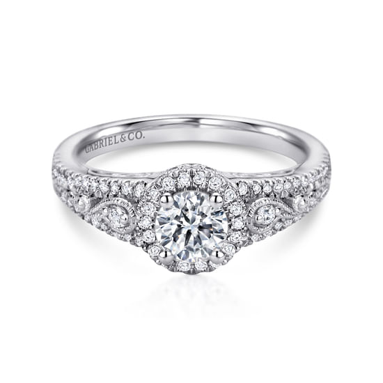 Gabriel - Vintage Inspired 14K White Gold Round Halo Diamond Engagement Ring
