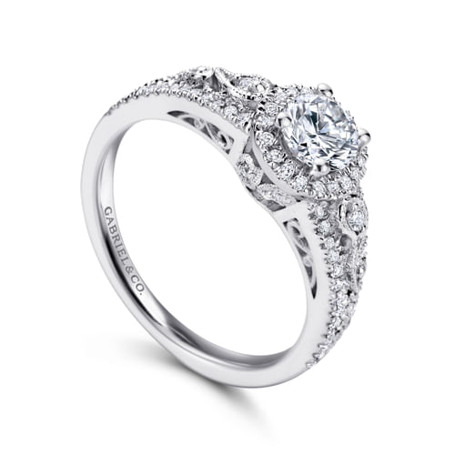 Vintage Inspired 14K White Gold Round Halo Diamond Engagement Ring