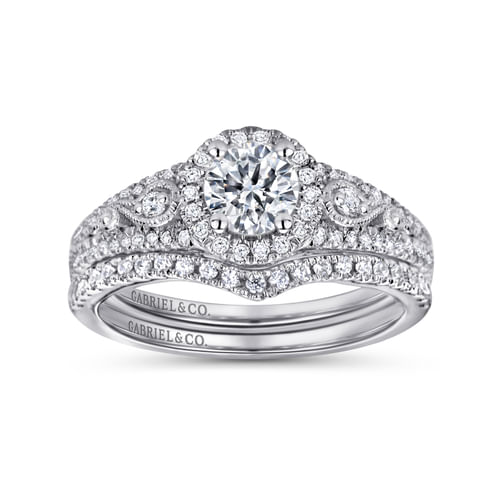 Vintage Inspired 14K White Gold Round Halo Diamond Engagement Ring
